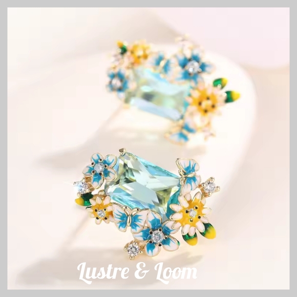 Blue and Gold Floral Earrings - Picture 4 of 9